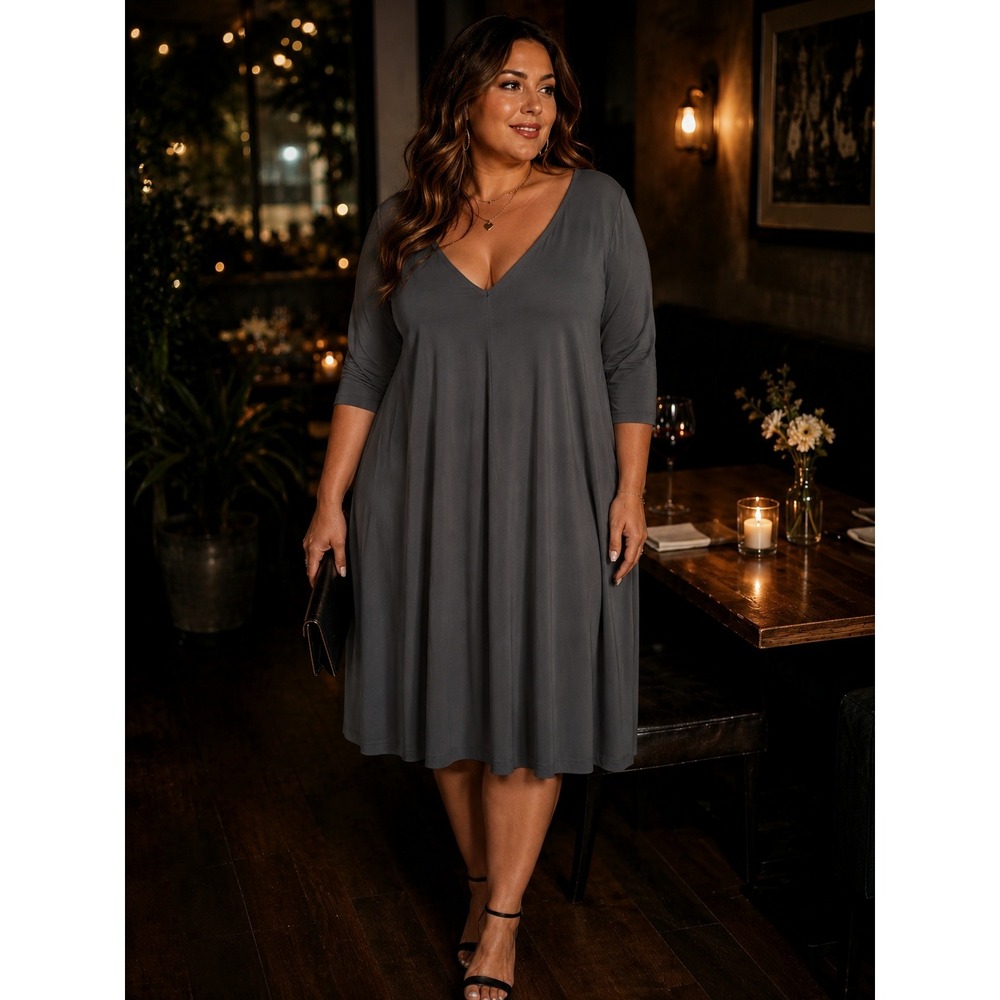 Torrid Womens Plus Size 3 Charcoal Grey V-Neck 3/4 Sleeve Swing Dress Stretch